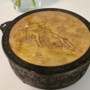 Classical Victorian Etched Rromantic ormolu trinket jewelry box (H2.5" x 6.5")